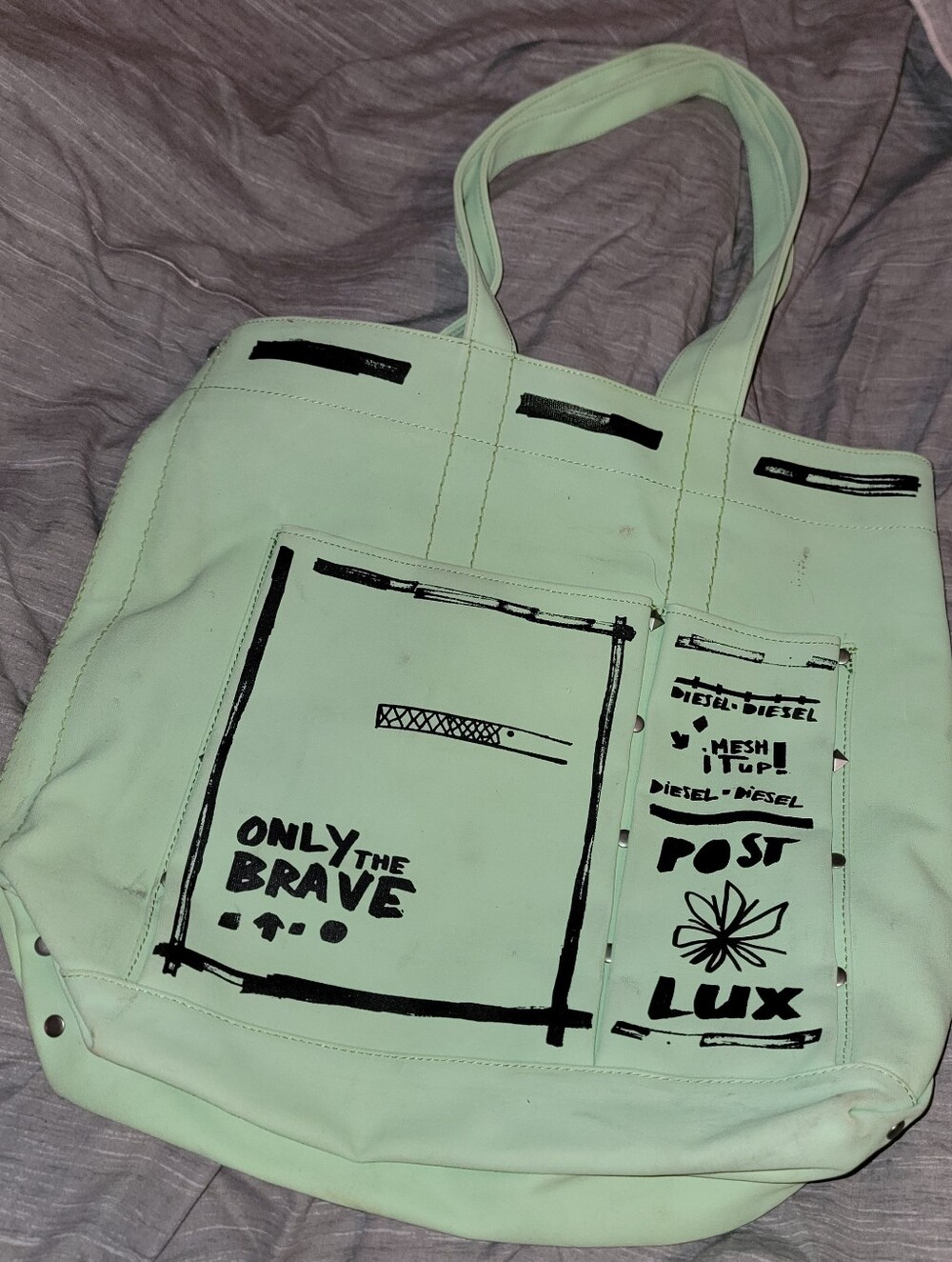 Diesel Mint Green Canvas Tote with Black Graphic Print